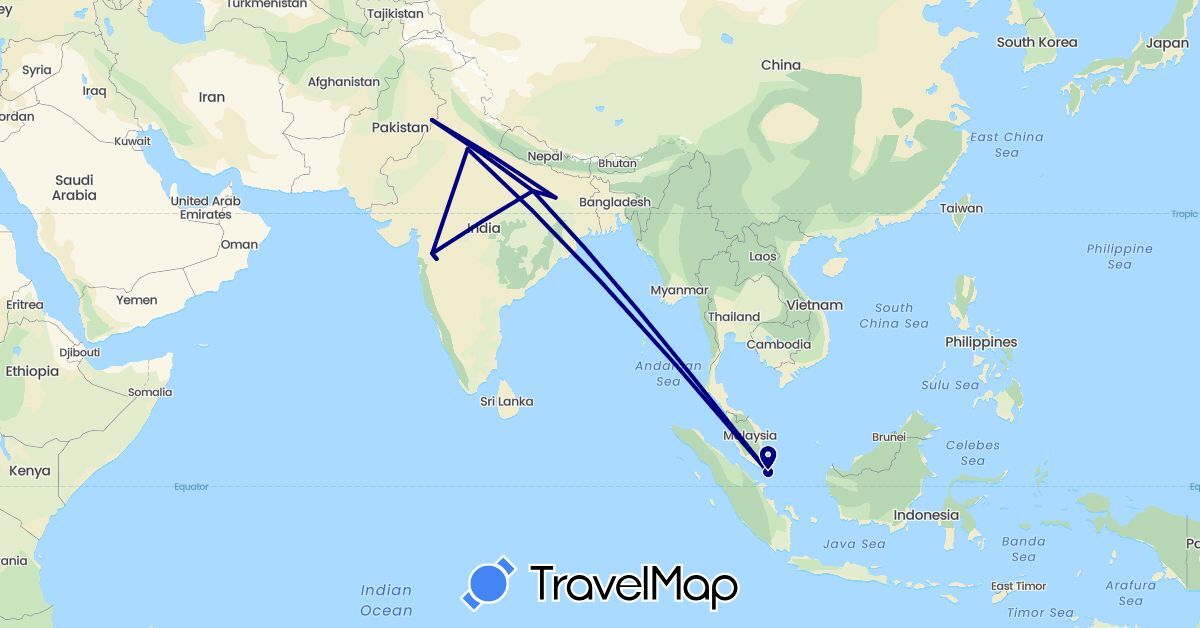TravelMap itinerary: driving in India, Pakistan, Singapore (Asia)